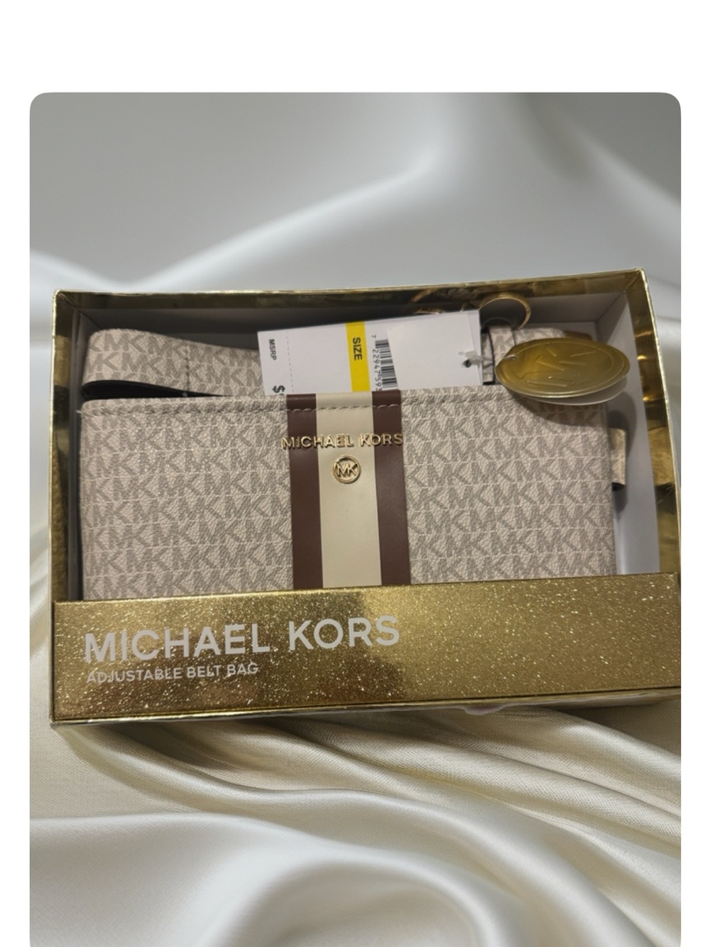 Michael Kors Beige Signature Belt Bag with Brown and Cream Stripe Gift Box - Picture 1 of 4